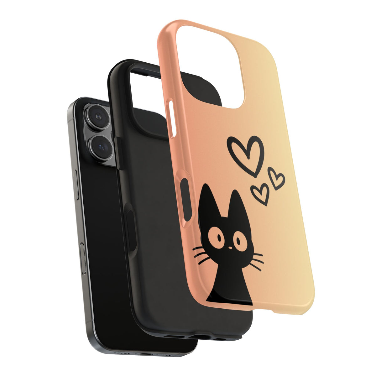 Cat Heart Tough Phone Case — Cute Black Cat on Peach Ombre Protective Phone Cover
