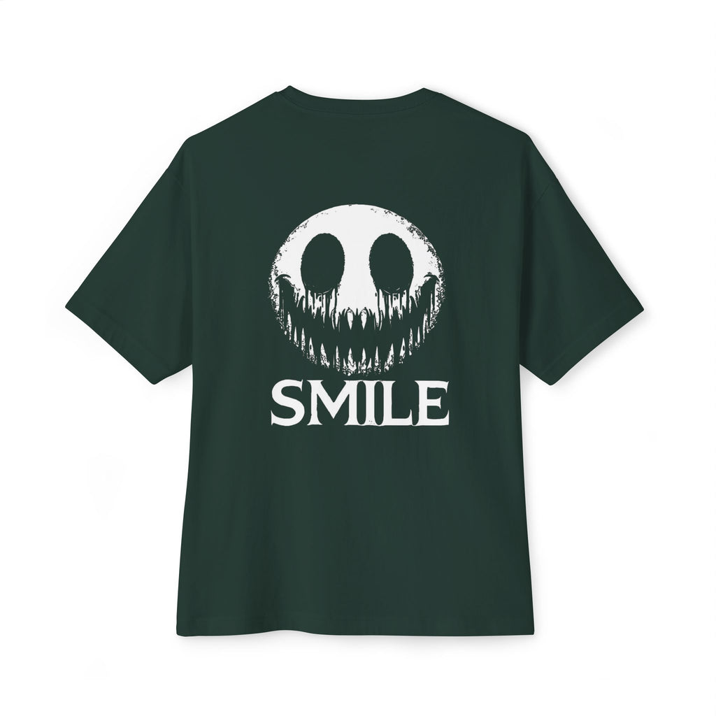 SMILE Graphic Tee — Black Oversized Boxy Shirt with White Gothic Text
