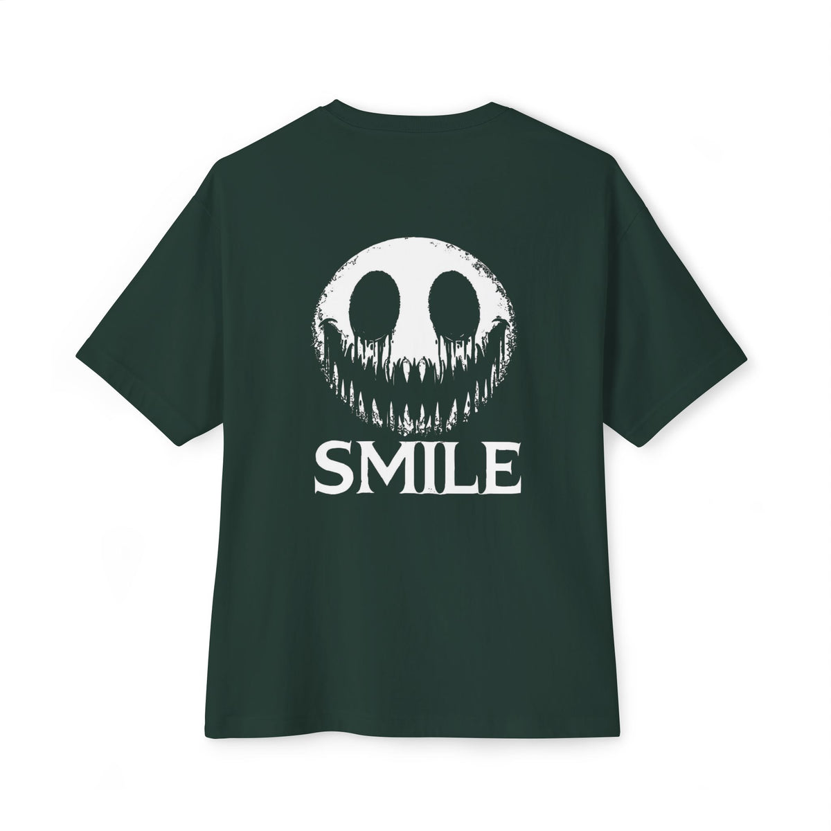 SMILE Graphic Tee — Black Oversized Boxy Shirt with White Gothic Text