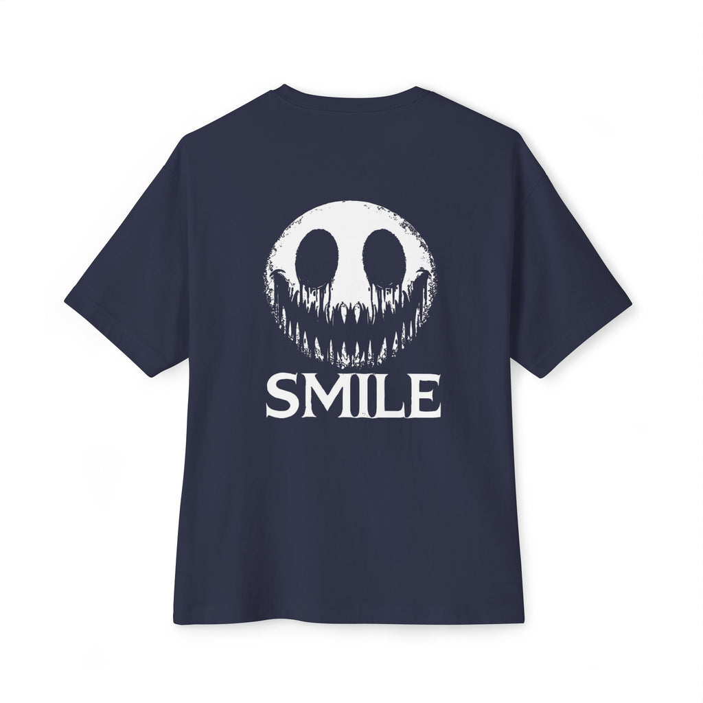 SMILE Graphic Tee — Black Oversized Boxy Shirt with White Gothic Text