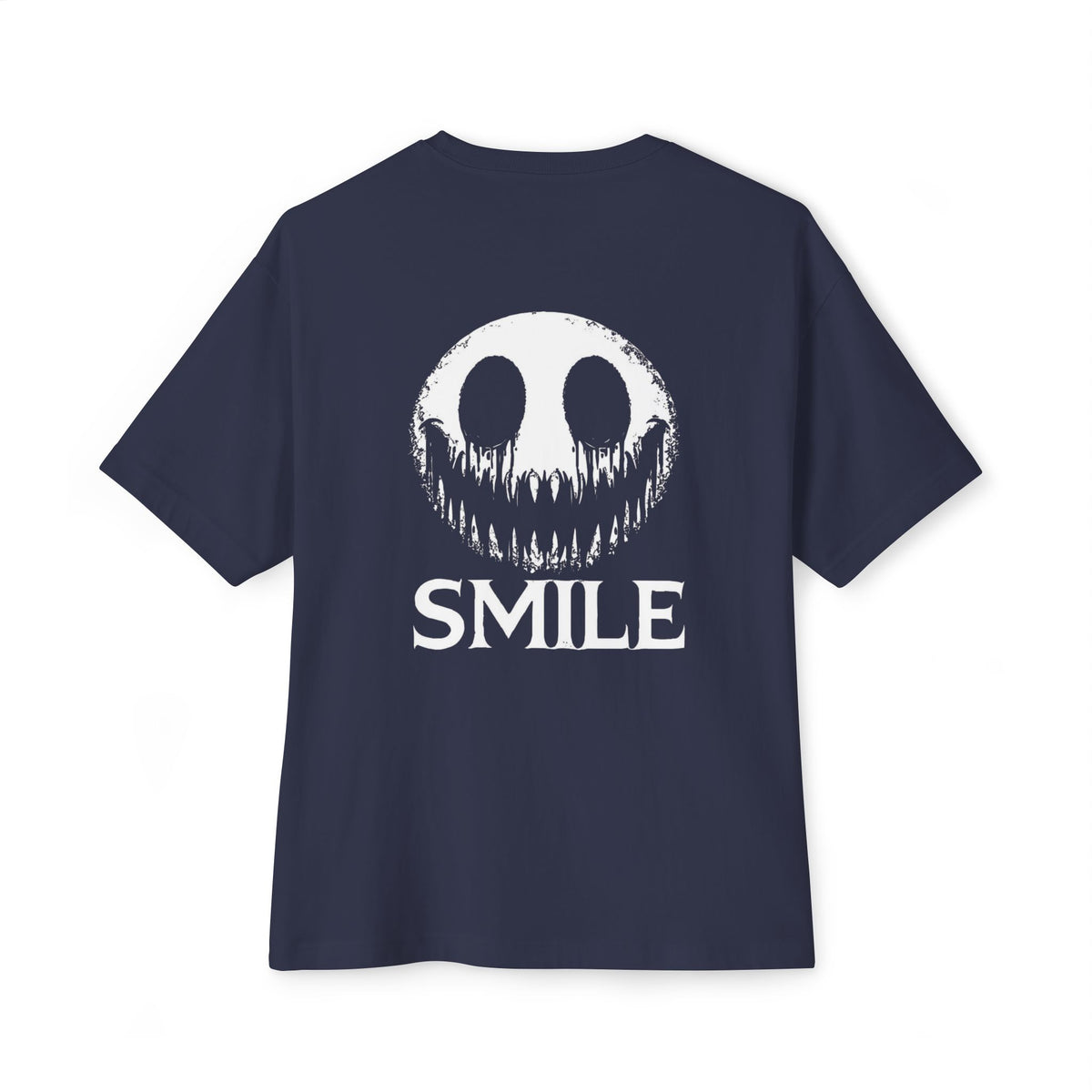 SMILE Graphic Tee — Black Oversized Boxy Shirt with White Gothic Text