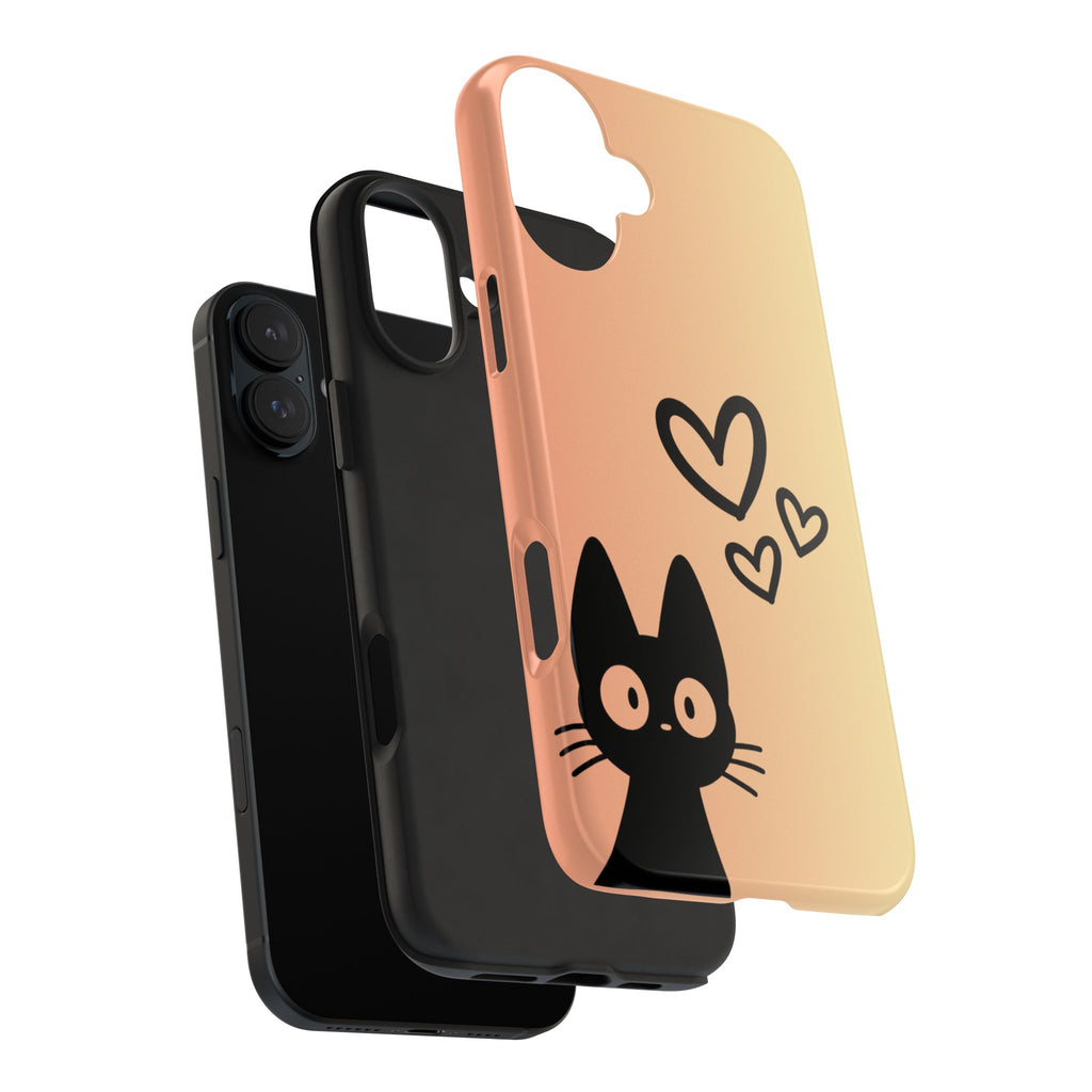 Cat Heart Tough Phone Case — Cute Black Cat on Peach Ombre Protective Phone Cover