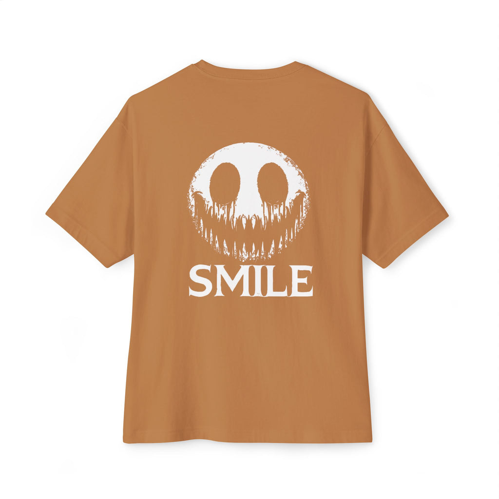 SMILE Graphic Tee — Black Oversized Boxy Shirt with White Gothic Text