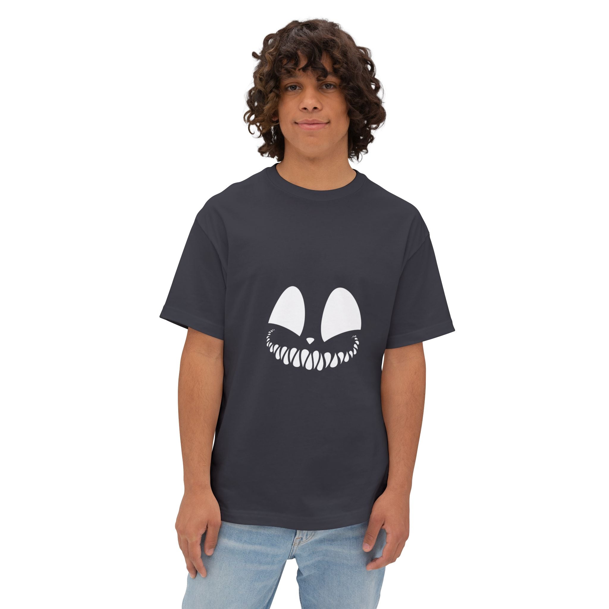 Spooky Grin Tee — Black Oversized Boxy Shirt with Creepy Smile Graphic