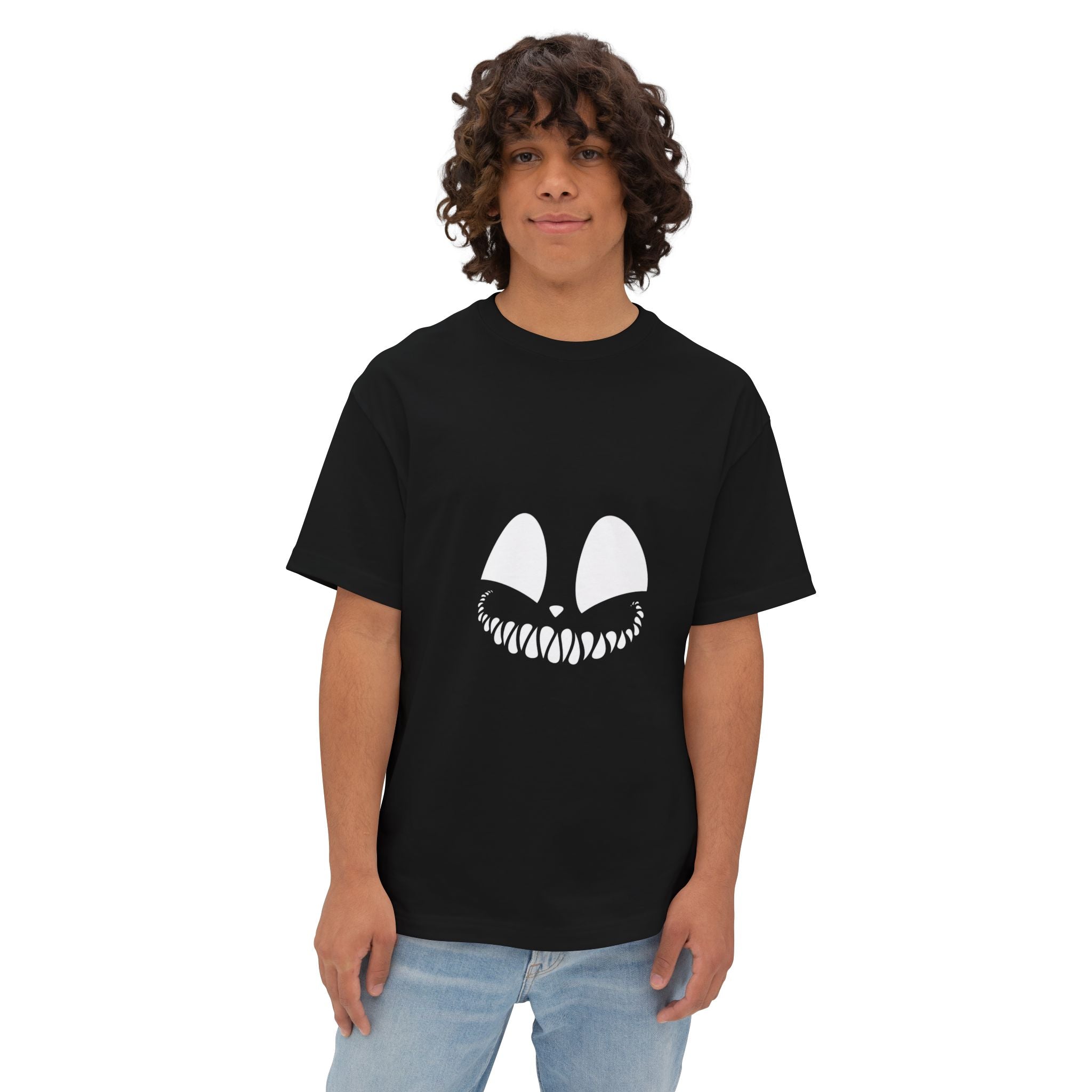 Spooky Grin Tee — Black Oversized Boxy Shirt with Creepy Smile Graphic