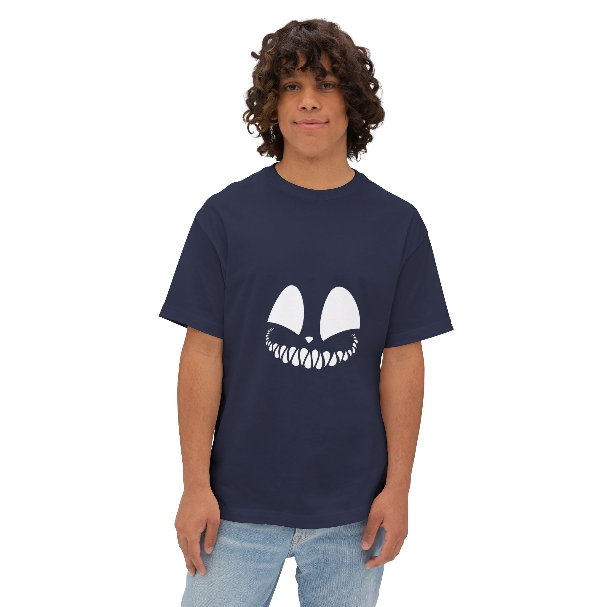 Spooky Grin Tee — Black Oversized Boxy Shirt with Creepy Smile Graphic