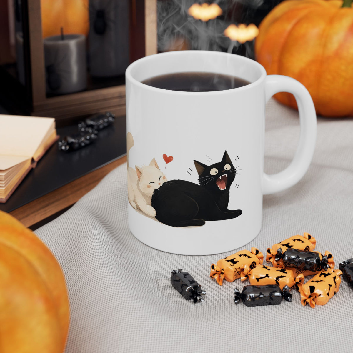 Cute Cats Ceramic Mug – Kissing Cats Illustration Coffee Cup (11oz, 15oz)