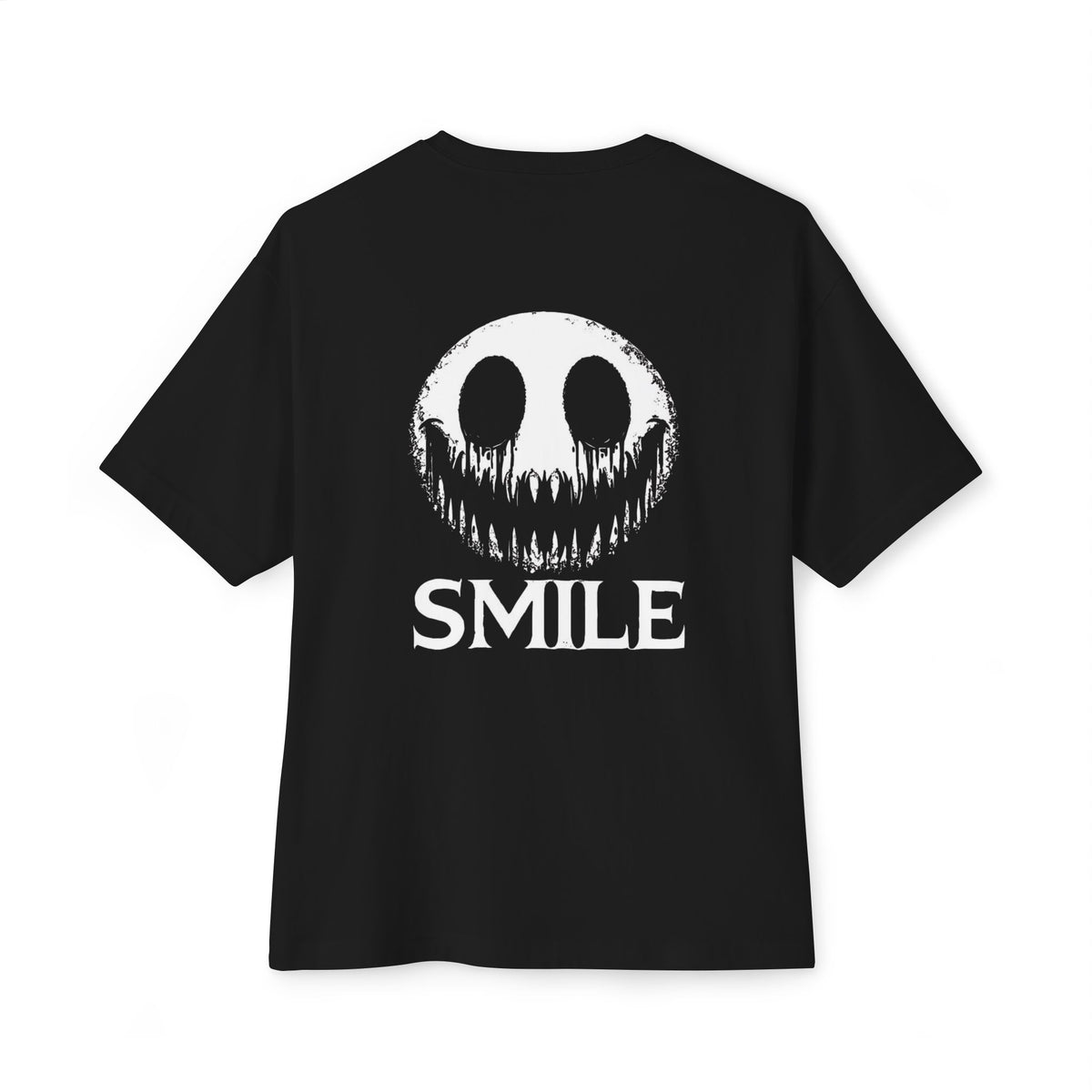 SMILE Graphic Tee — Black Oversized Boxy Shirt with White Gothic Text