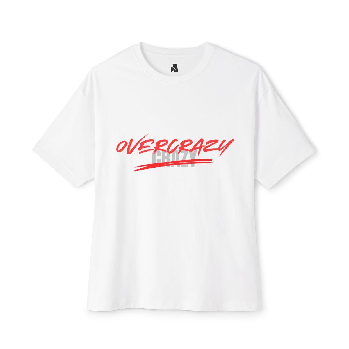 OVERCRAZY Tee — Oversized Boxy White T‑Shirt with Red Script