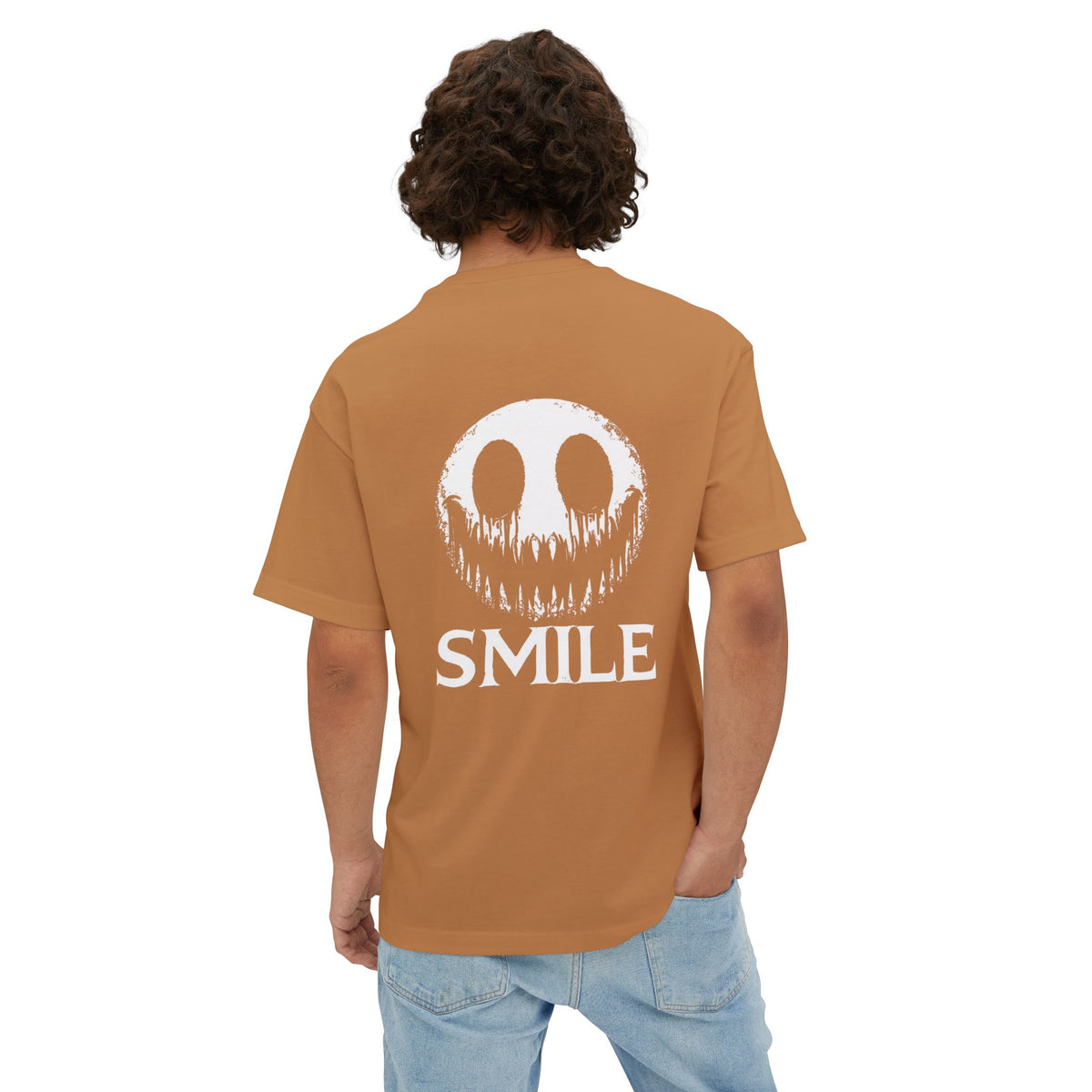 SMILE Graphic Tee — Black Oversized Boxy Shirt with White Gothic Text