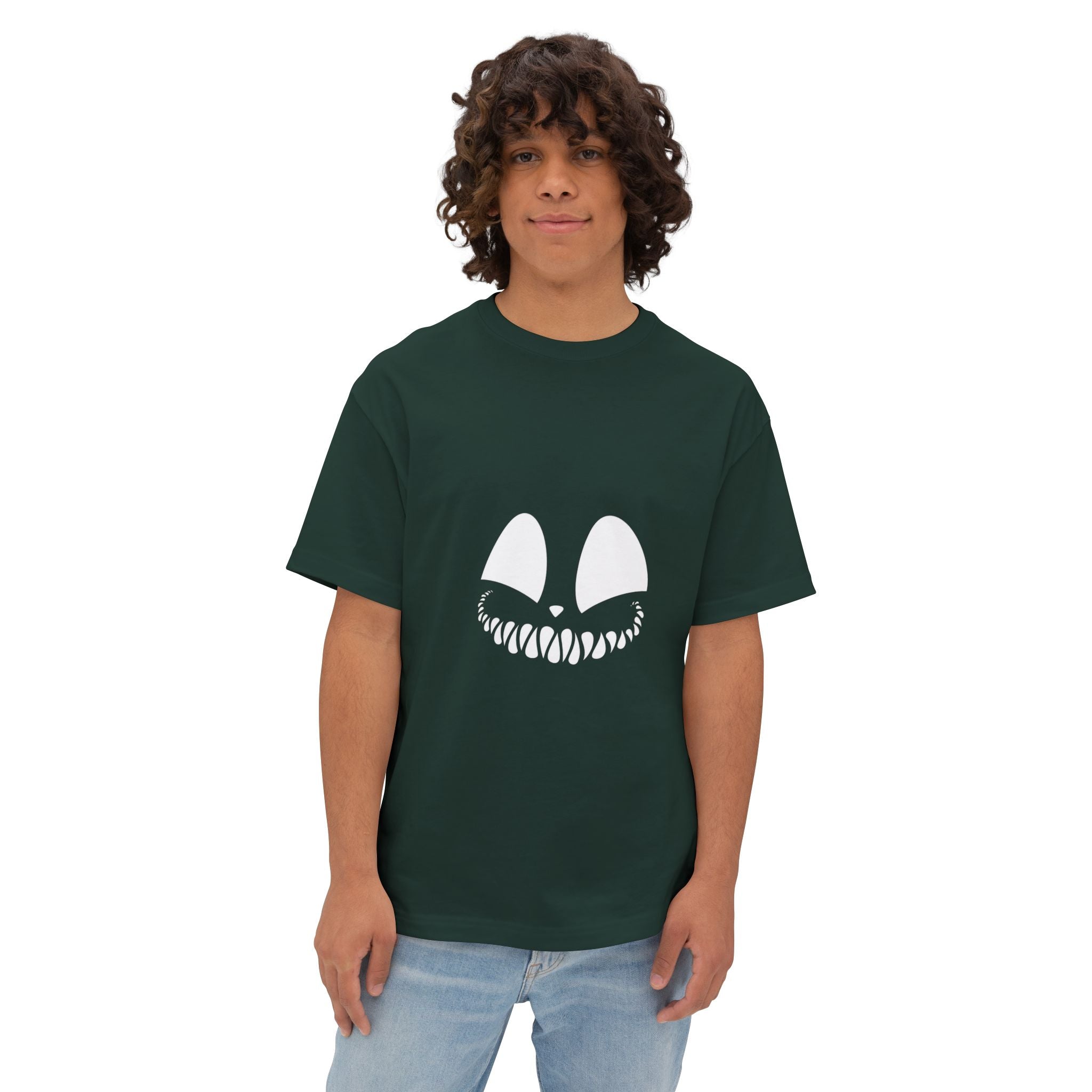 Spooky Grin Tee — Black Oversized Boxy Shirt with Creepy Smile Graphic