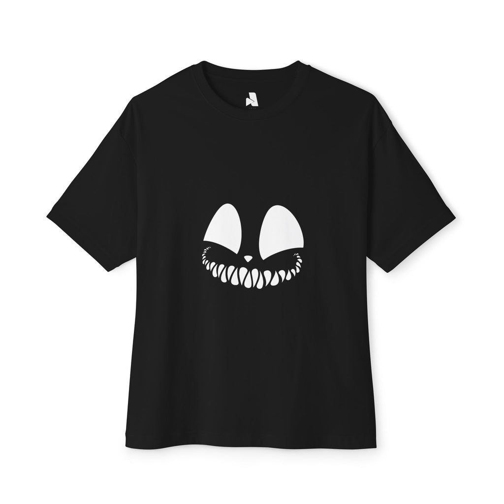 Spooky Grin Tee — Black Oversized Boxy Shirt with Creepy Smile Graphic