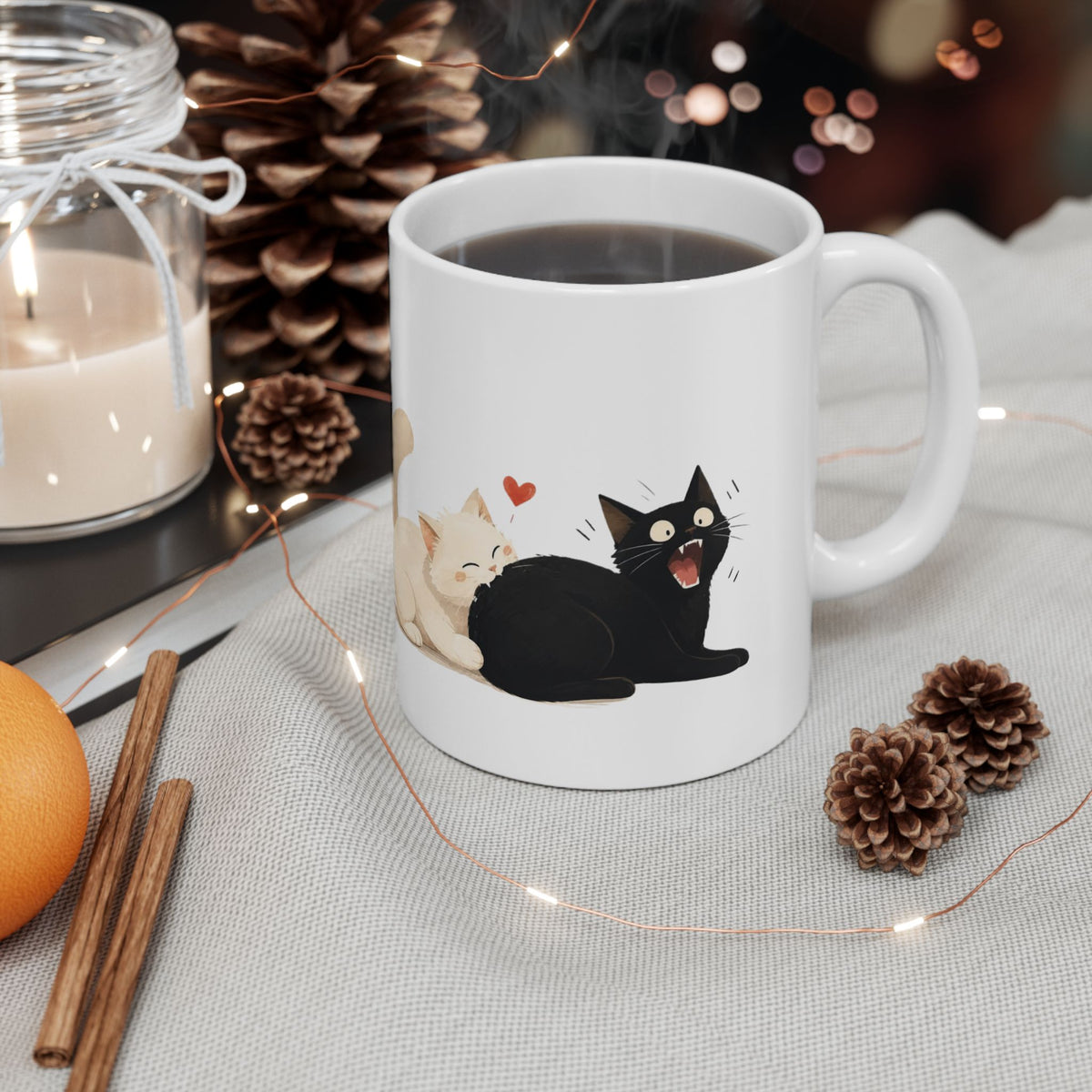 Cute Cats Ceramic Mug – Kissing Cats Illustration Coffee Cup (11oz, 15oz)