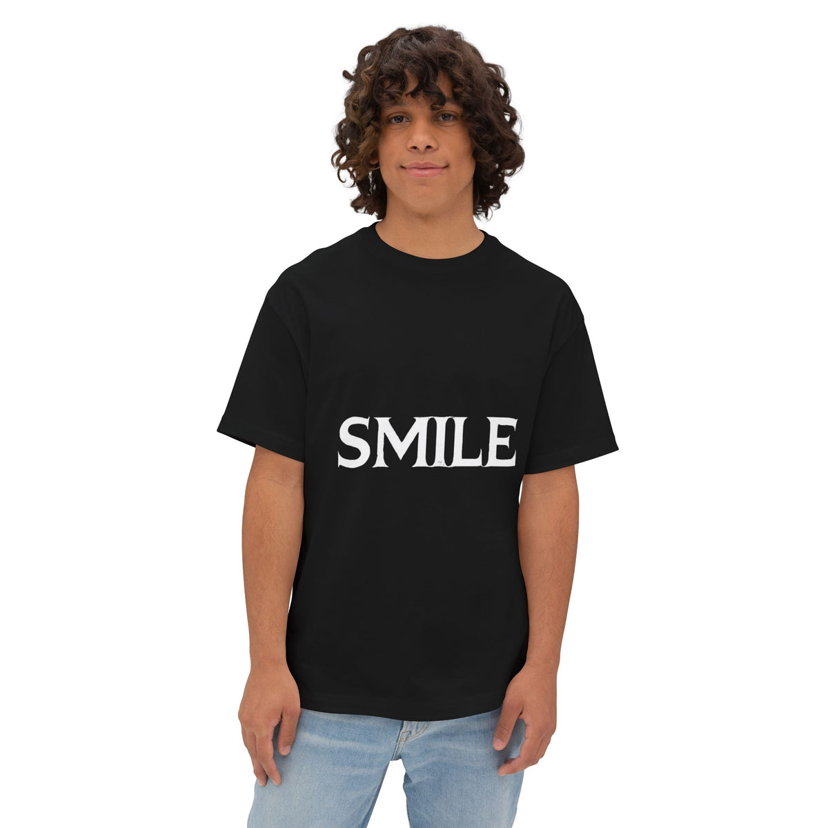 SMILE Graphic Tee — Black Oversized Boxy Shirt with White Gothic Text
