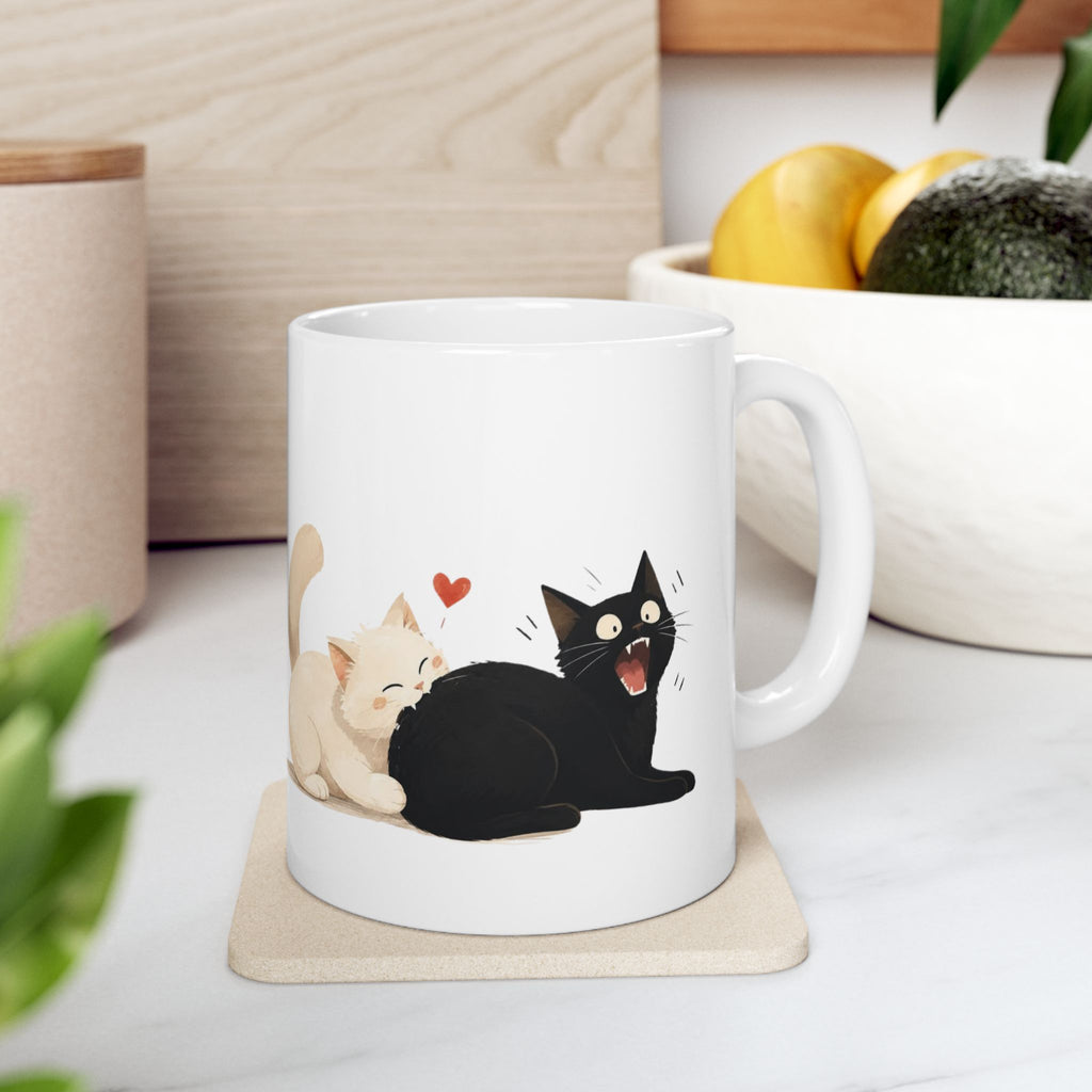 Cute Cats Ceramic Mug – Kissing Cats Illustration Coffee Cup (11oz, 15oz)