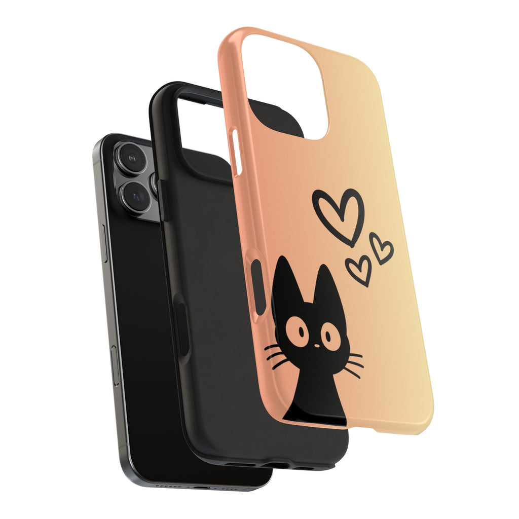 Cat Heart Tough Phone Case — Cute Black Cat on Peach Ombre Protective Phone Cover