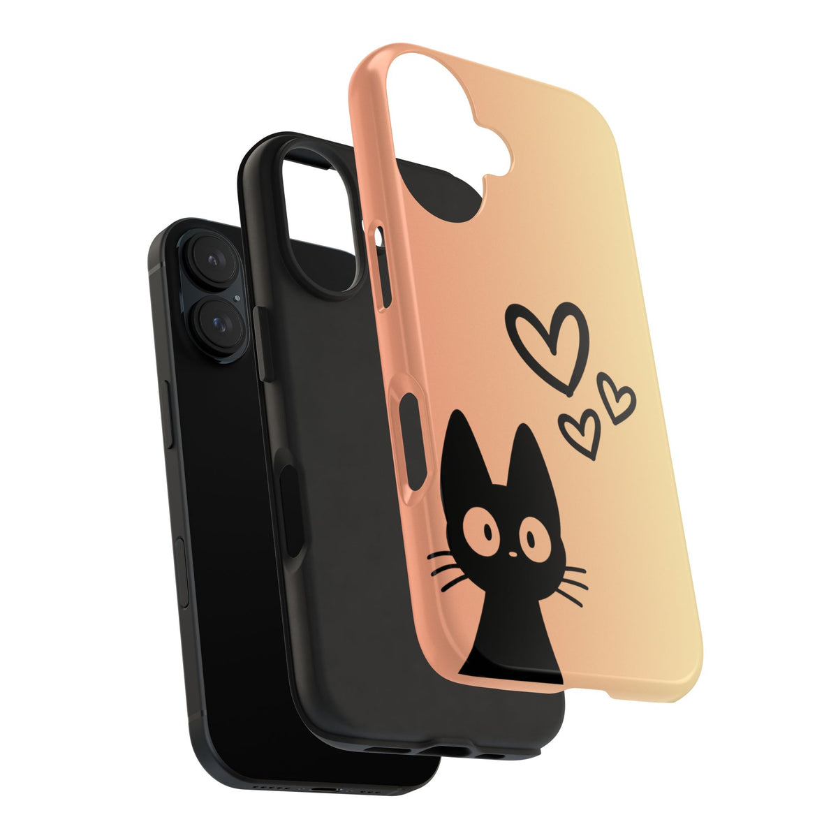 Cat Heart Tough Phone Case — Cute Black Cat on Peach Ombre Protective Phone Cover