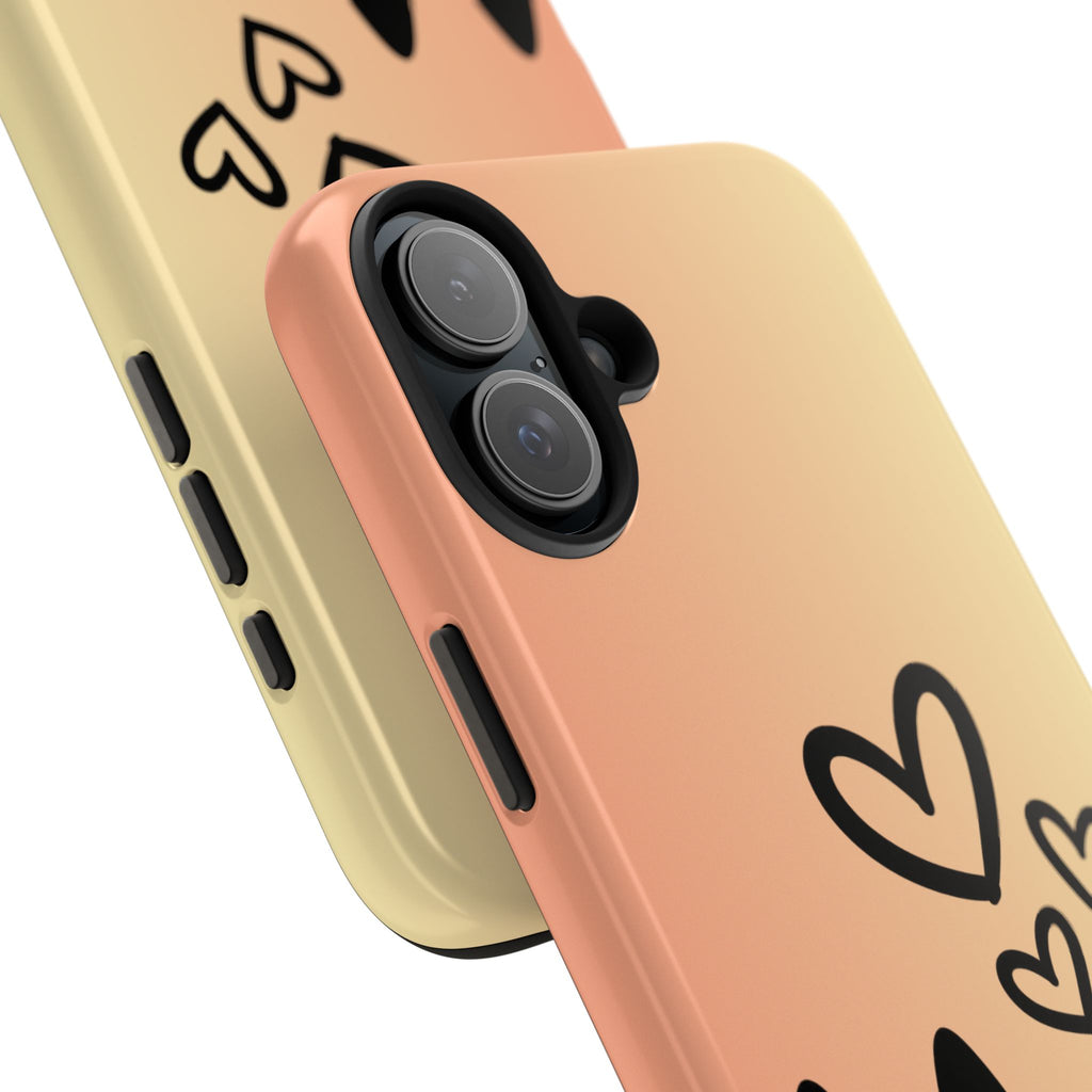 Cat Heart Tough Phone Case — Cute Black Cat on Peach Ombre Protective Phone Cover