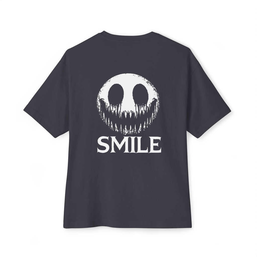 SMILE Graphic Tee — Black Oversized Boxy Shirt with White Gothic Text