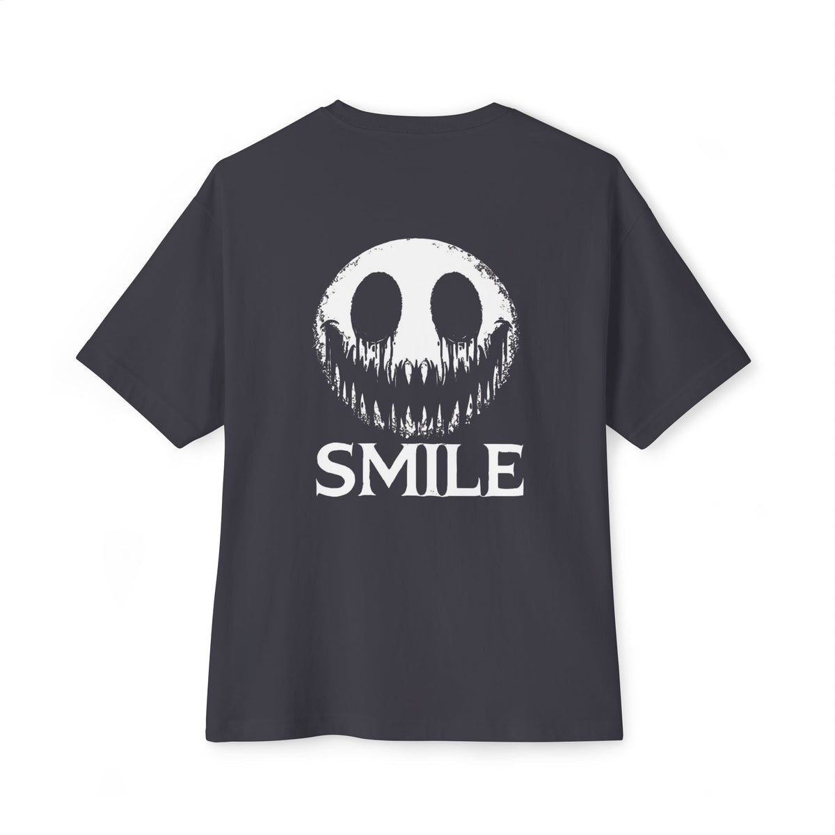 SMILE Graphic Tee — Black Oversized Boxy Shirt with White Gothic Text