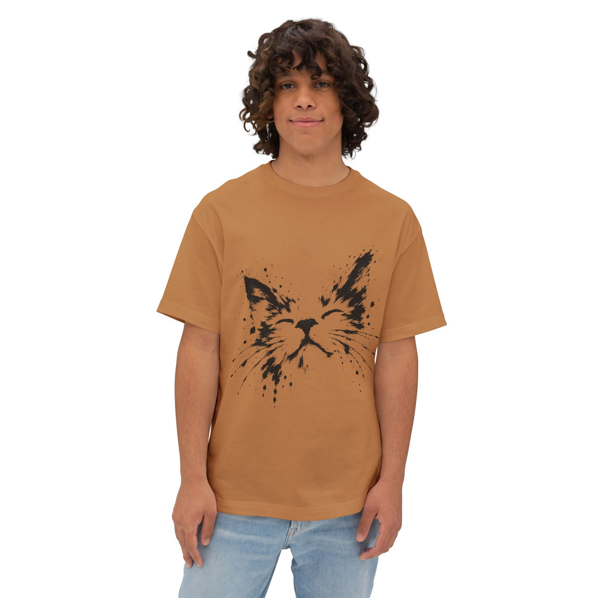 Cat Face Ink Splash Tee — Oversized Boxy Graphic T-Shirt