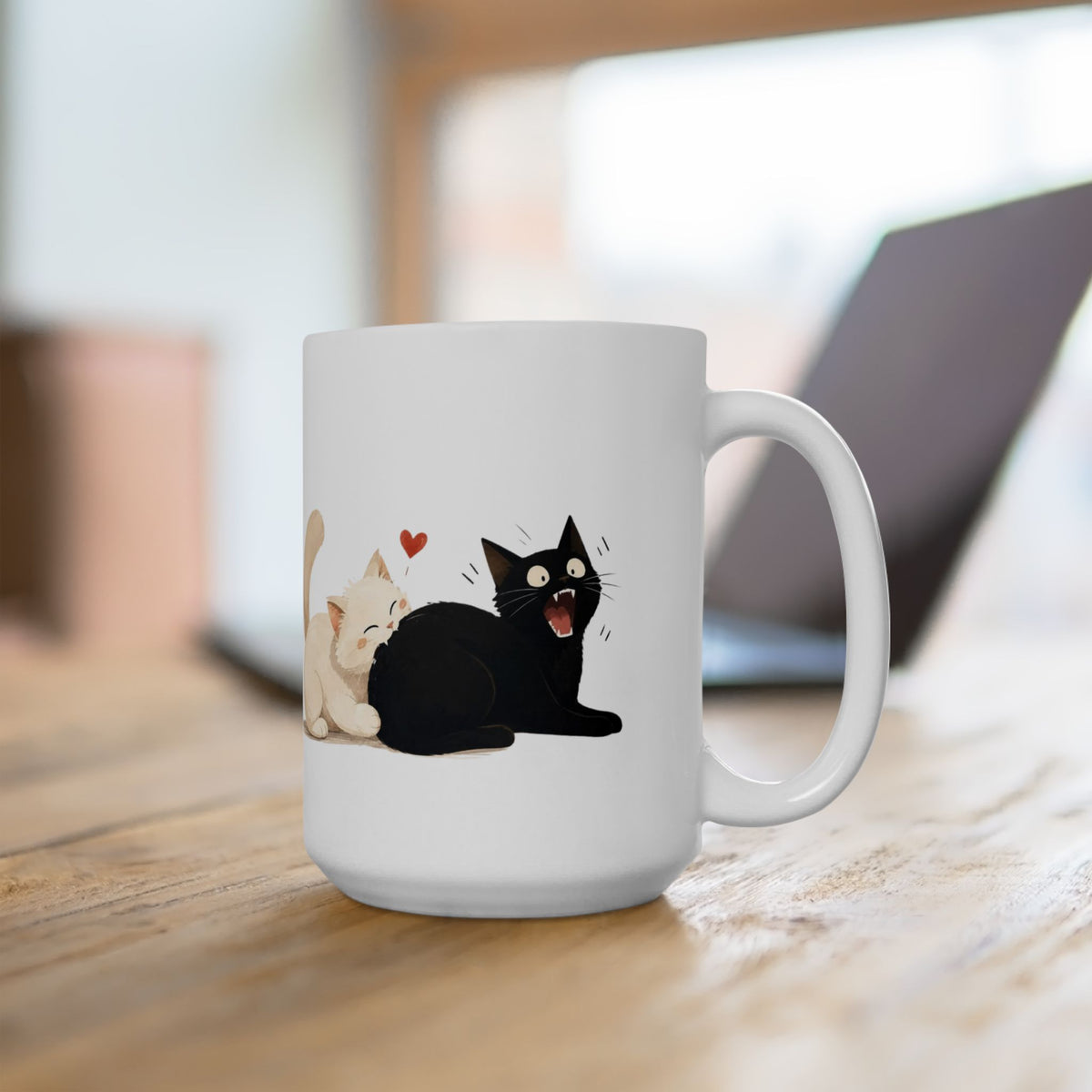 Cute Cats Ceramic Mug – Kissing Cats Illustration Coffee Cup (11oz, 15oz)