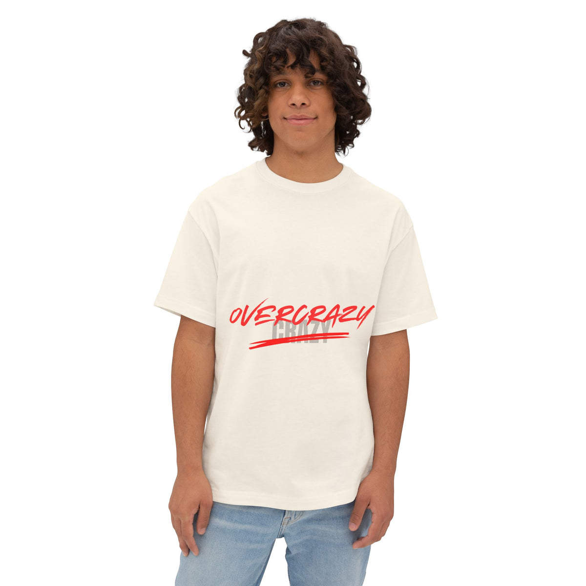 OVERCRAZY Tee — Oversized Boxy White T‑Shirt with Red Script